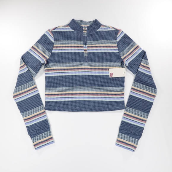 SO Women's Mock Neck Long Sleeve Quarter Zip Cropped Pullover Sweatshirt‎ Blue M - Picture 1 of 9